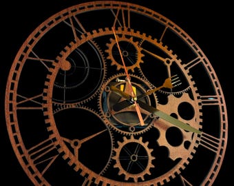 Reloj de pared decorativo de madera con números romanos, diseño de engranajes steampunk y movimiento de cuarzo.