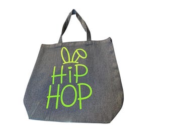 Hip Hop Easter Bunny Canvas Tote Bag, Denim Style with Neon Green Graphic Print
