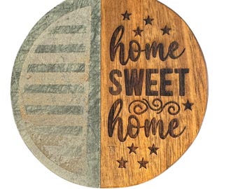 Home Sweet Home Round Coaster, Marble and Wood, Rustic Farmhouse Style, Decorative Star Engraved Design