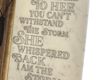Inspirational Marble and Wood Hexagon Coaster with Butterfly Engraving, 'I Am the Storm'