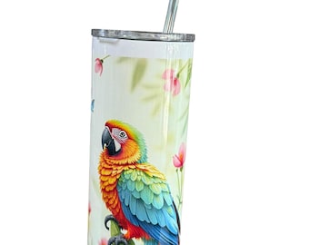 Färgglad papegoja, tropiskt blommönster, smal tumbler i rostfritt stål med lock och sugrör, 946 ml