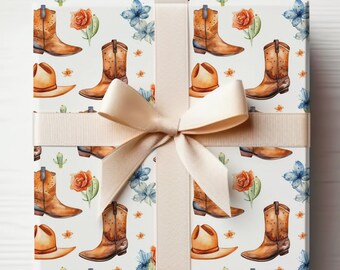 Texas Wrapping Paper Roll, Western Wrapping Paper Roll, Watercolor Cowboy Boots Wrapping Paper, Cowboy Hat Wrapping Paper, Cowboy Gift Wrap