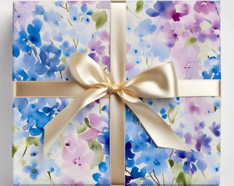 Watercolor Hydrangea Wrapping Paper Roll, Hydrangeas Wrapping Paper, Lovely Painted Purple Hydrangeas Gift Wrap, Blue Hydrangeas