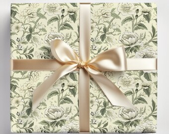 Green Chinoiserie Floral Wrapping Paper Chinoiserie Green Floral, Chinoiserie Boho Wrapping Paper Roll, Pastel Green Floral,