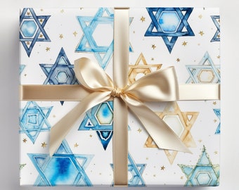 Hanukkah Wrapping Paper Hanukkah Star of David Hanukkah Gift Wrap Roll Jewish Hanukkah Blue Watercolor Gift Wrap