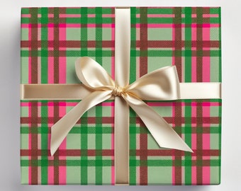 Pink Christmas Wrapping Paper Roll Pink and Green Plaid Gift Wrap, Modern Christmas Plaid Wrapping Paper Plaid Christmas
