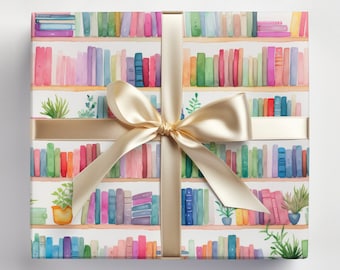 Book Wrapping Paper With Books, Book Lovers Wrapping Paper Roll, Watercolor Bookshelf Wrapping Paper Roll for Literature Lovers