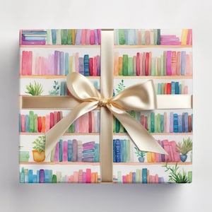 本が入ったラッピングペーパー、読書好きのラッピングペーパーロール、文学好きのための水彩画本棚ラッピングペーパーロール 画像 1