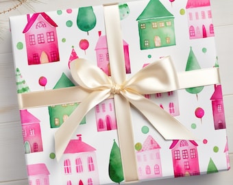 Pink Christmas House Wrapping Paper, Cute Pink Winter Village Wrapping Paper, Watercolor Winter Village Wrapping Paper, Hot Pink, Modern