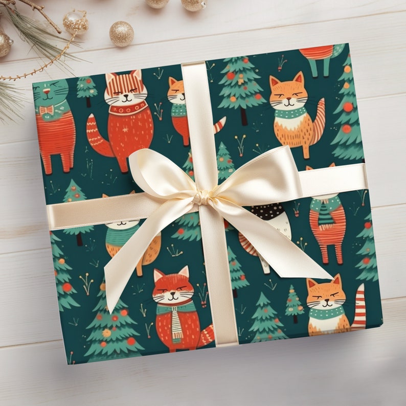 Christmas Cats Wrapping Paper Cats, Christmas Cats Gift Wrap Roll, Christmas Kitty Gift Wrap Roll, Kitty Wrapping Paper, Winter Kittens image 6