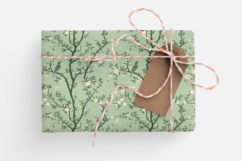 Sage Green Chinoiserie Wrapping Paper Roll, Sage Green Wrapping Paper