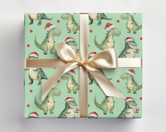 Christmas Dinosaur Wrapping Paper, Funny Christmas Wrapping Paper, Dinosaur Christmas Gift Wrap Roll, Dino With Santa Hat Gift Wrap