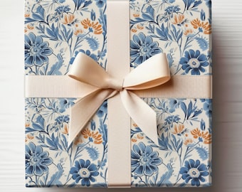Rustic Chinoiserie Wrapping Paper, Blue Chinese Floral Wrapping Paper, Vintage Chinoiserie Flower Wrapping Paper Roll, Modern Design