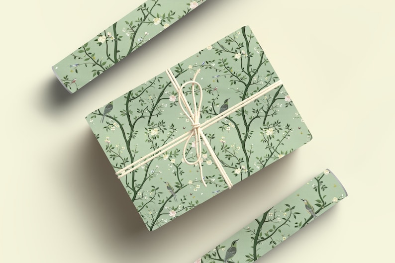 Sage Green Chinoiserie Wrapping Paper Roll, Sage Green Wrapping Paper