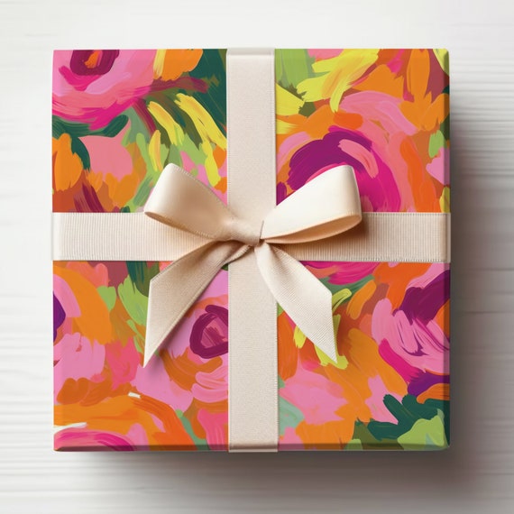 Artistic Wrapping Paper Roll, Neon Pink Gift Wrap Roll, Abstract Painting Gift Wrap, Neon Wrapping Paper Roll, Orange and Pink Gift Wrap