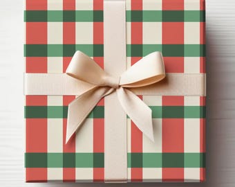 Red and Green Gingham Wrapping Paper Roll Christmas Plaid Wrapping Paper, Christmas Gingham Gift Wrap Roll Glossy Wrapping Paper
