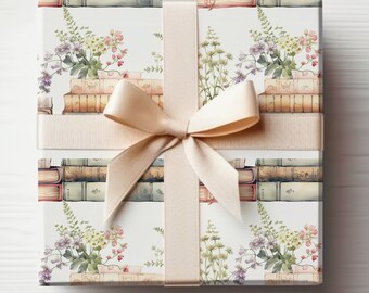 Books Wrapping Paper Roll, Pastel Floral Books Gift Wrap Book Lover Gift Wrap Booklovers, Wildflowers and Books Wrapping Paper Books