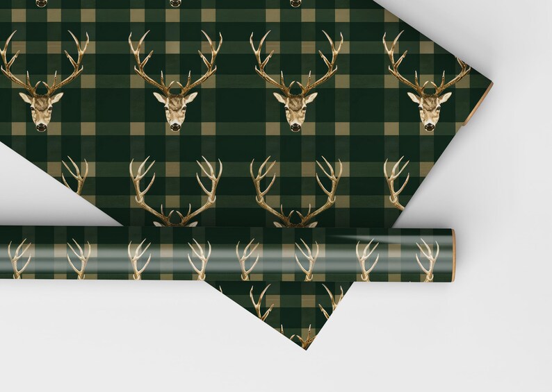 May include: Green and brown plaid wrapping paper with a repeating pattern of gold deer heads.