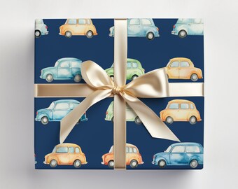 Blauwe auto inpakpapierrol jongensauto's Cadeaupapierrol auto thema verjaardagscadeau inpakken voor autoliefhebbers, aquarel auto's inpakpapierrol