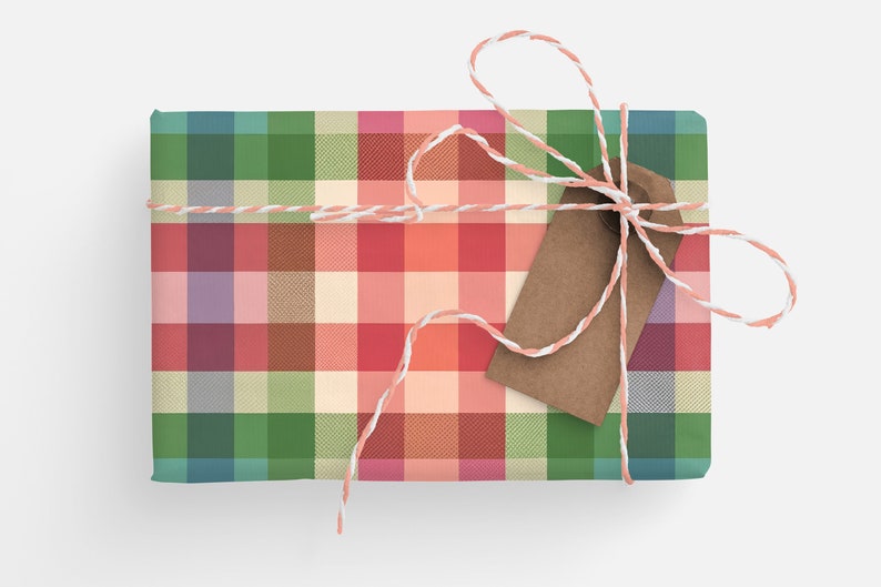 May include: A wrapped gift with a colorful plaid pattern in shades of green, red, pink, and beige. The gift is tied with a white and peach-colored twine and a brown paper tag.