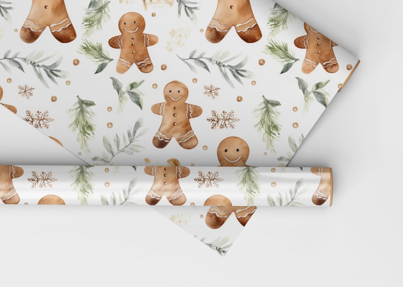 Gingerbread Wrapping Paper Gingerbread Man, Christmas Wrapping Paper Roll Watercolor Gingerbread Man, Bespoke Gift Wrap image 7