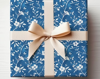 Rollo de papel de regalo floral azul delicado, rollo de envoltura de regalo de vides azules, rollo de papel de regalo floral azul