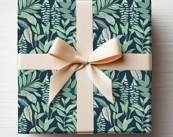 Fern Gift Wrap, Fern Wrapping Paper Leaves, Foliage Wrapping Paper Modern Foliage Gift Wrap, Mint Green Wrapping Paper, Navy Blue Gift Wrap