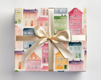 Houses Wrapping Paper Housewarming Wrapping Paper Roll, Cute Pink Houses Gift Wrap Paper, Cute Houses Wrapping Paper Roll, Pink Houses