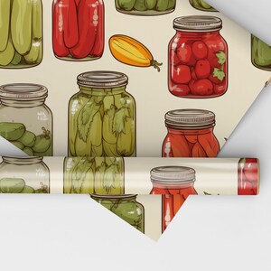 May include: A seamless pattern featuring various jars of preserved vegetables. The jars are filled with red peppers, green cucumbers, and red tomatoes. The jars have a vintage look with brown lids and a cream background.