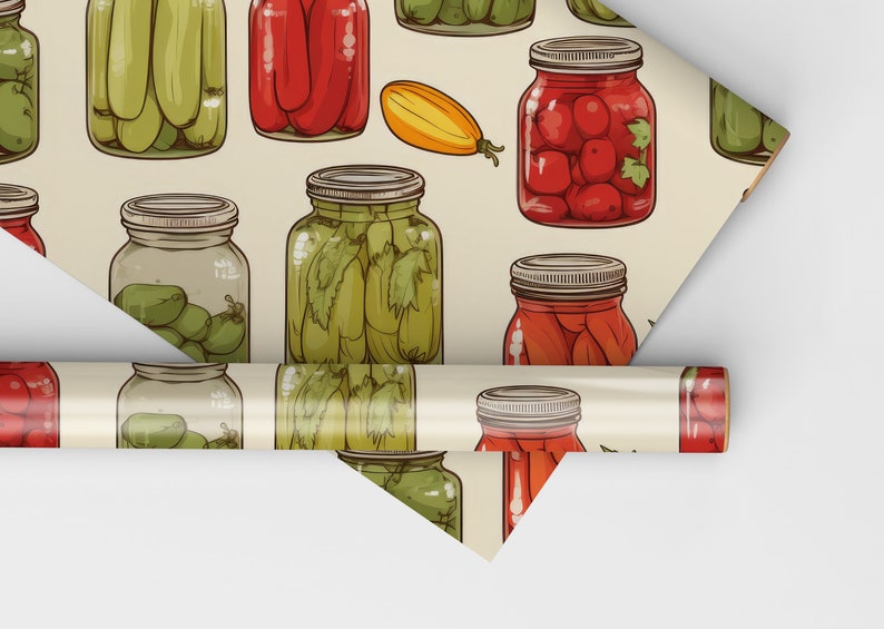 May include: A seamless pattern featuring various jars of preserved vegetables. The jars are filled with red peppers, green cucumbers, and red tomatoes. The jars have a vintage look with brown lids and a cream background.