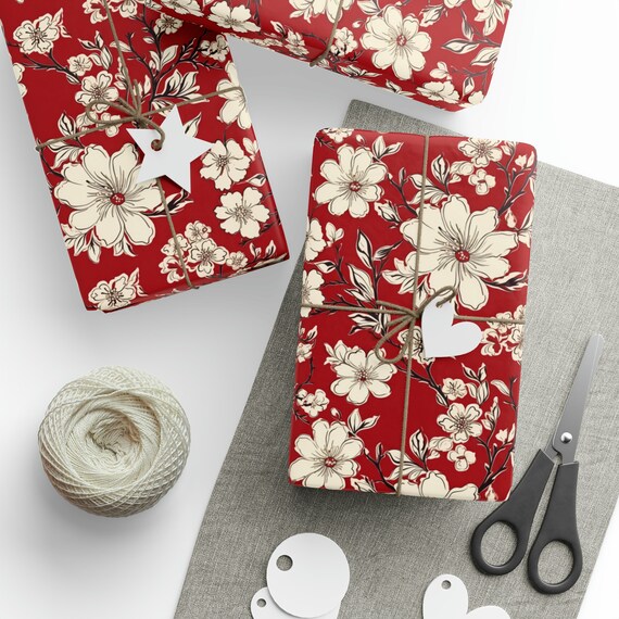 Floral Wrapping Paper Roll - Wine Red Flower Gift Wrap For Birthdays, Weddings & Special Occasions