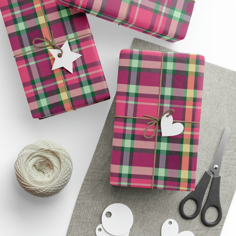 Pink and Green Plaid Wrapping Paper Roll, Pink Christmas Wrapping Paper, Pink Plaid Gift Wrap, Pink Gingham Wrapping Paper, Pink Tartan image 2