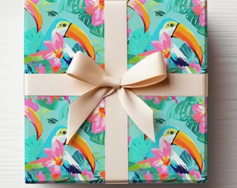 Tropical Bird Wrapping Paper Toucan Gift Wrapping Paper, Tropical Wrapping Paper Jungle Safari Wrapping Paper Roll Turquoise