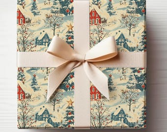 Vintage Christmas Gift Wrap Roll, Antique Style Christmas Tree Wrapping Paper Vintage Christmas Scene Wrapping Paper Roll