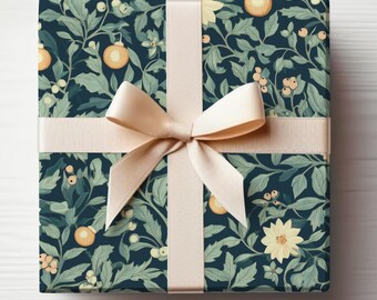 May include: A gift box wrapped in blue and green floral patterned wrapping paper with a cream-colored satin ribbon tied in a bow.