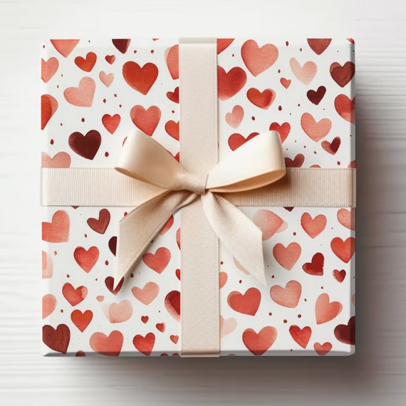 Watercolor Hearts Wrapping Paper Valentines Hearts Gift Wrap Roll Red Hearts, Valentines Gift Wrapping For Galentines Gift Wrap Paper