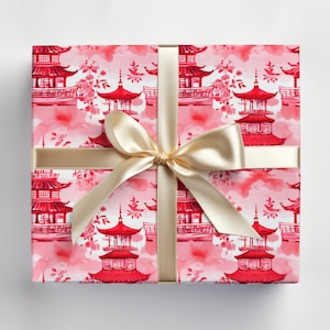 Rotolo di carta da regalo cinese Rotolo di carta da regalo per il capodanno cinese, Pagoda di carta da regalo cinese rossa, Carta da regalo orientale, Regalo tradizionale cinese