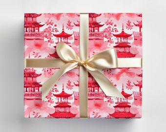 Chinese Wrapping Paper Roll Chinese New Year Gift Wrap Roll, Red Chinese Wrapping Paper Pagoda, Oriental Gift Wrap, Traditional Chinese Gift