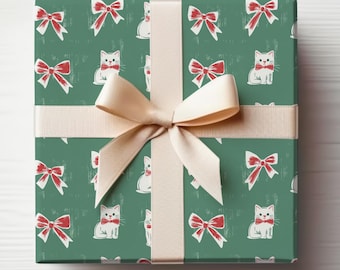 Rollo de papel de regalo para gatos, papel de regalo navideño para gatos, lindo rollo de papel de regalo para gatitos, papel de regalo para gatos verdes
