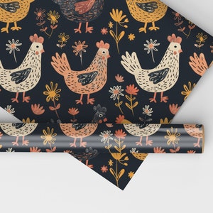 May include: A dark blue wrapping paper with a repeating pattern of colorful chickens and flowers. The chickens are white, orange, and yellow with black accents. The flowers are yellow, orange, and pink.