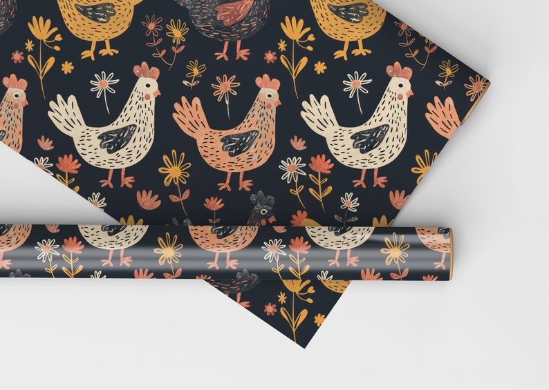 May include: A dark blue wrapping paper with a repeating pattern of colorful chickens and flowers. The chickens are white, orange, and yellow with black accents. The flowers are yellow, orange, and pink.