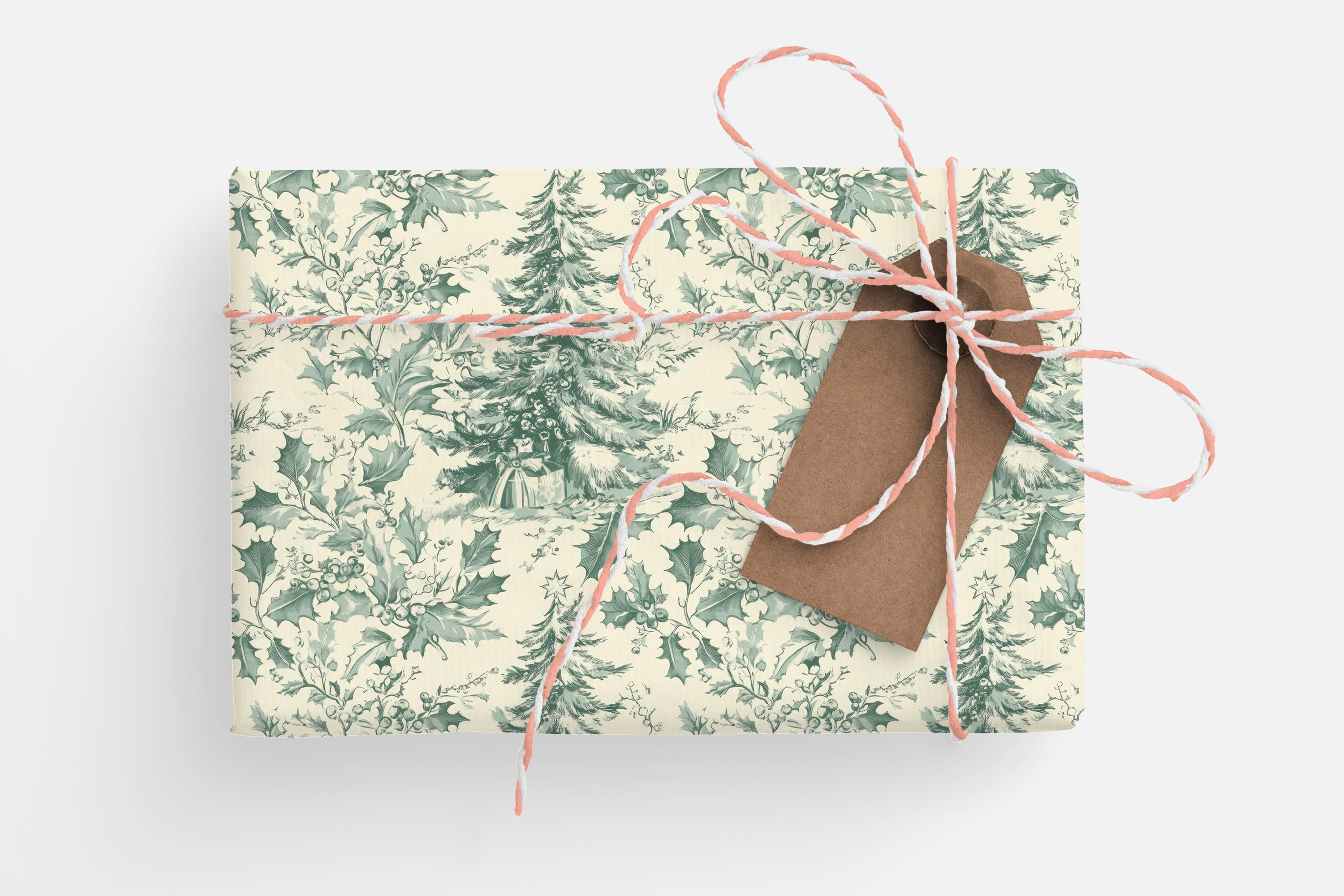 Vintage Christmas Toile Wrapping Paper Roll Vintage Christmas Tree Gift Wrap Roll Antique Christmas Tree Wrapping Paper Sage Green Toile