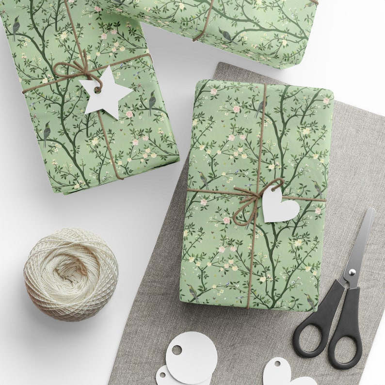 Sage Green Chinoiserie Wrapping Paper Roll, Sage Green Wrapping Paper