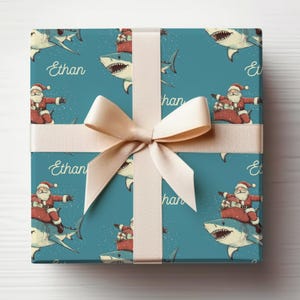 Shark Wrapping Paper Funny Christmas Wrapping Paper, Kids Name Christmas Wrapping Paper Santa Shark Gift Wrap Children's Christmas