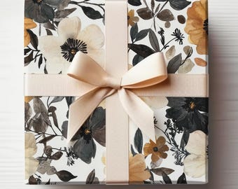 Papel de embrulho gótico, rolo de papel de embrulho com flores pretas, rolo de papel de embrulho gótico preto, papel de embrulho floral escuro