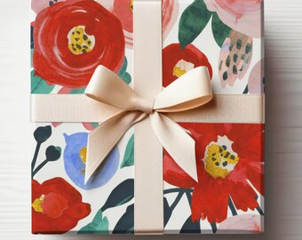 Red Flowers Wrapping Paper, Painted Red Floral Gift Wrap Roll, Red Watercolor Flowers Wrapping Paper Roll, Red Christmas Flowers