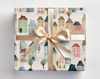 Rol housewarming-cadeaupapier op rol inpakpapier housewarming, inpakpapier huizen, cadeaupapier aquarel huizen