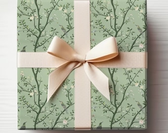 Sage Green Chinoiserie Wrapping Paper Roll, Sage Green Wrapping Paper, Sage Green Gift Wrap Delicate Branches With Birds