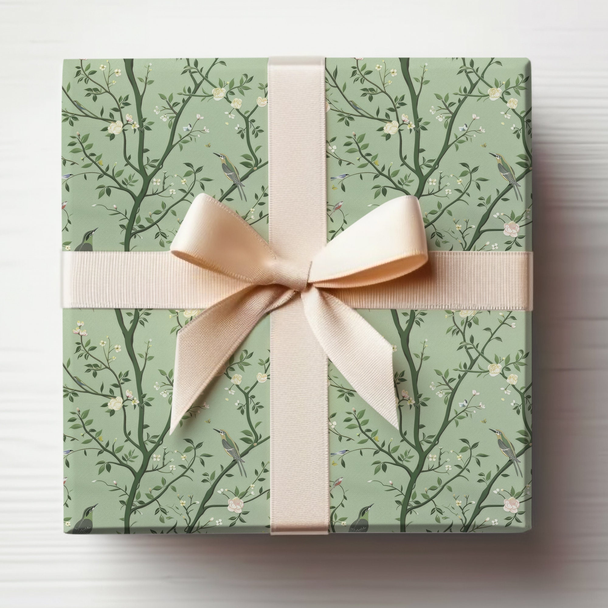 Sage Green Chinoiserie Wrapping Paper Roll, Sage Green Wrapping Paper, Sage Green Gift Wrap Delicate Branches With Birds
