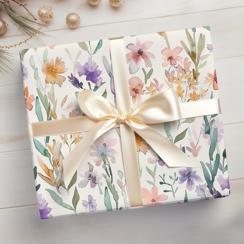 Pastel Flowers Wrapping Paper Watercolor Floral Gift Wrap Roll Pastel Wrapping Paper, Baby Girl Baby Shower Gift Wrap image 4
